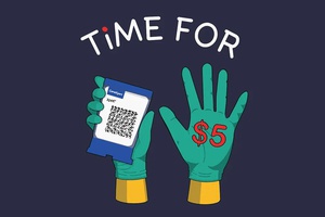 graphic with two hands wearing surgical gloves. left if holding some kind of cartridge, the other one says $5, and the headline is Time For (So, time for $5)